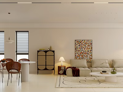 Stylish Living Dining Room Interior With Light Colored Sofa Dining Table And Colorful Painting 3d model