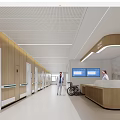 Hospital Outpatient Clinic Corridor Featuring Nurse Station Wheelchair Medical Staff Wooden Walls And Electronic Screens