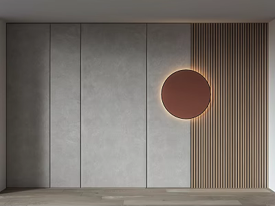 Modern Wall Design with Gray Paneled Sections Wooden Vertical Slats and Illuminated Circular Accent 3d model