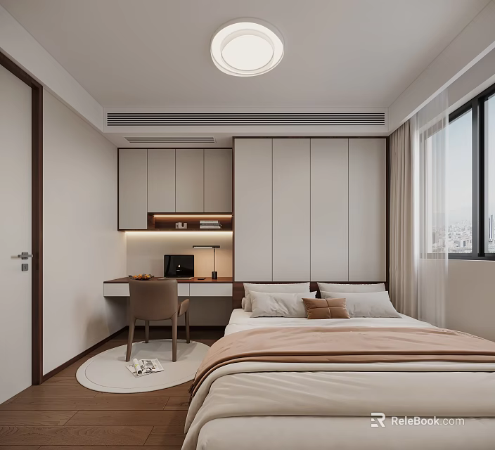 Tatami Bedroom Interior with Built in Cabinets Desk White Brown Furniture and Window Design 3d model 