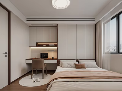 Tatami Bedroom Interior with Built in Cabinets Desk White Brown Furniture and Window Design 3d model