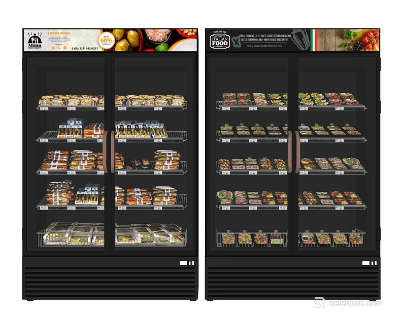 Double Glass Door Commercial Display Refrigerators With Multiple Shelves Stocked With Various Foods 3d model 
