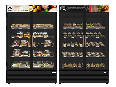 Double Glass Door Commercial Display Refrigerators With Multiple Shelves Stocked With Various Foods 3d model