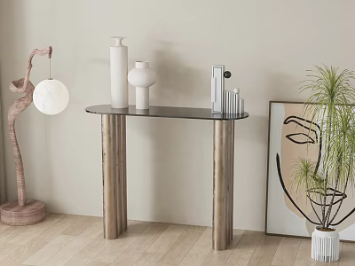 Console Table with Glass Top Wooden Legs Vases Decorative Lamp Potted Plant and Wall Artwork 3d model