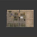 Wooden Storage Shelf With Bags Crates And Rug Next To Wooden Panel