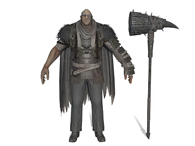 Armored Bald Warrior Character With Savage Beast Creature And Large Spiked Warhammer 3d model