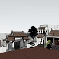 Traditional Ancient Building Exterior With White Walls Tile Roof Hanging Lanterns Stone Pillar And Greenery