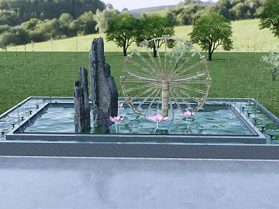 Garden Ornament with Square Pool Rockery Ferris Wheel Metal Decor and Pink Lotus Flowers 3d model