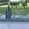 Garden Ornament with Square Pool Rockery Ferris Wheel Metal Decor and Pink Lotus Flowers