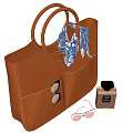 Brown Leather Tote Bag with Round Handles Scarf Sunglasses in Pockets and Perfume Bottle