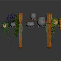 Ornamental Decorative Structure With Wooden Pillars Hanging Planters Metal Containers And Green Plants