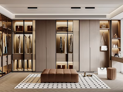 Modern Walk-in Closet Interior Design With Wooden Cabinets Glass Doors And Clothing Racks 3d model