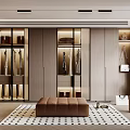 Modern Walk-in Closet Interior Design With Wooden Cabinets Glass Doors And Clothing Racks