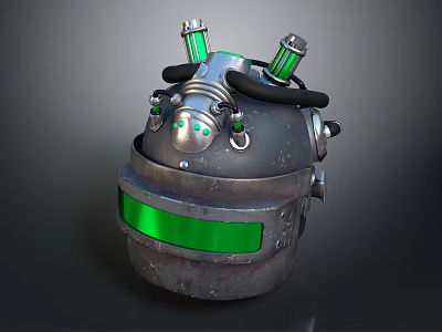 Mechanical Sci Fi Helmet With Metallic Body Green Tubes And Glowing Stripe 3d model