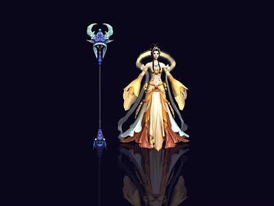 Game Movie Character in Elegant Yellow White Robe with Golden Crown and Blue Green Decor Long Staff 3d model