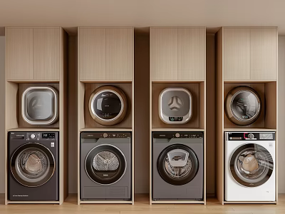 Modern Laundry Room Featuring Built-in Washing Machines In Wooden Cabinets With Different Styles 3d model