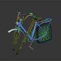 Blue Bicycle With Orange Crutches Large Tires And Rear Rack Design