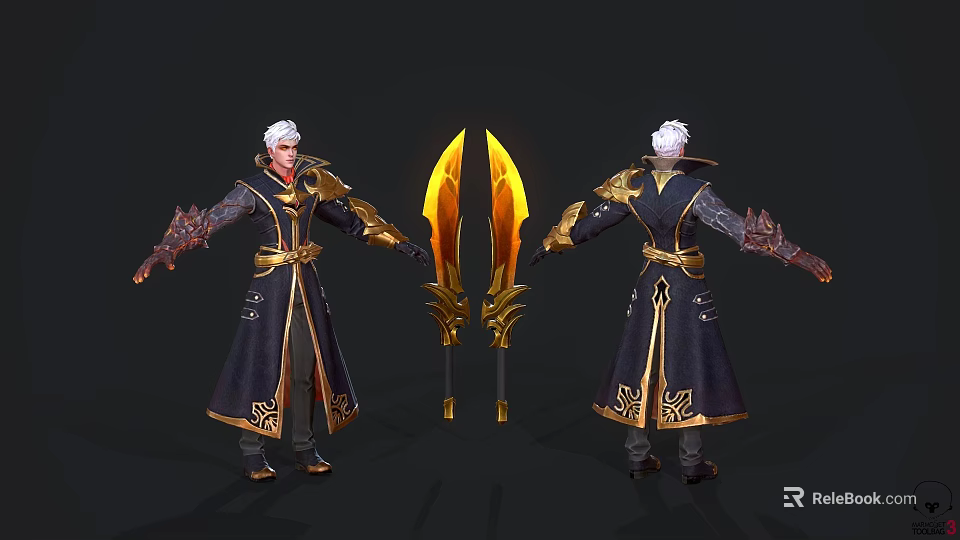Man with White Hair in Ornate Long Robe and Golden Accents Holding Flaming Weapons 3d model 