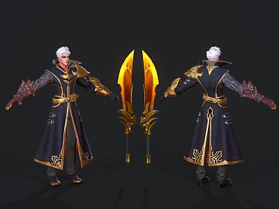 Man with White Hair in Ornate Long Robe and Golden Accents Holding Flaming Weapons 3d model