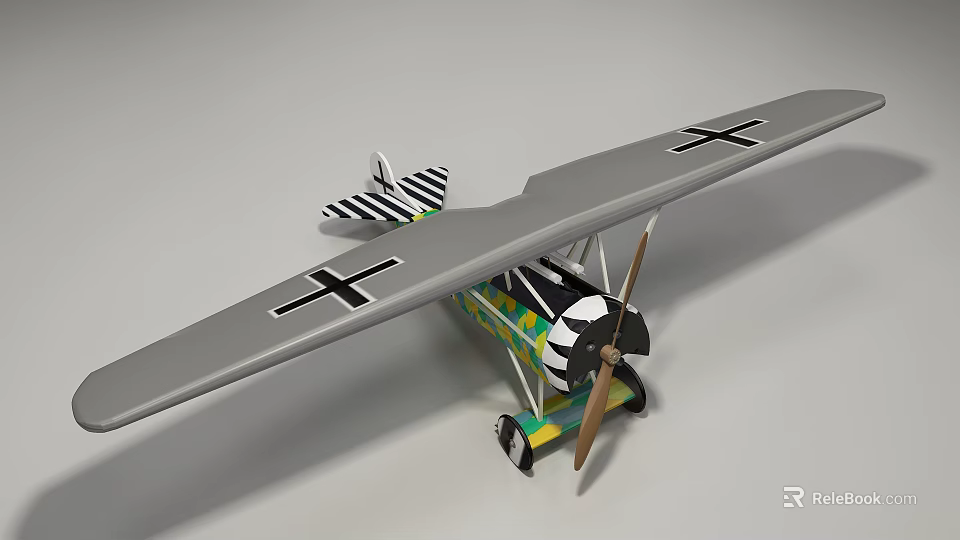 Vintage Airliner Retro Biplane Model With Grey Wings Black Cross Colorful Fuselage And Brown Propeller 3d model 