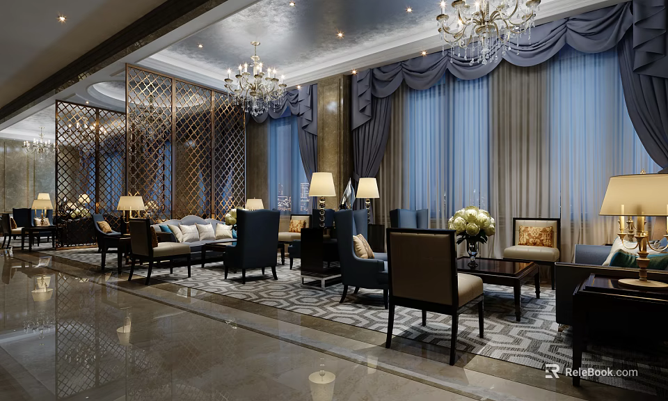 Luxurious Hotel Public Lounge Interior With Chandelier Sofa Sets And Coffee Tables 3d model 