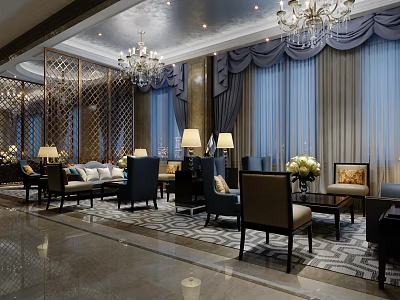 Luxurious Hotel Public Lounge Interior With Chandelier Sofa Sets And Coffee Tables 3d model