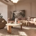 Cozy Warm Living Dining Room With Sofa Armchair Coffee Table And Natural Light