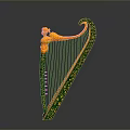 Ornate Green And Gold Decorative Harp With Carved Details For Home Decoration