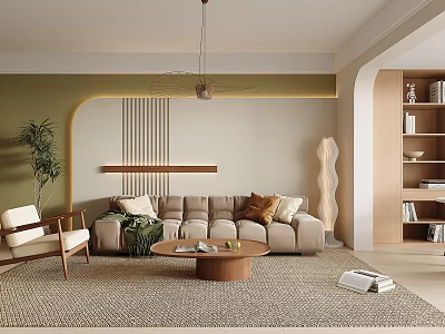 Modern Living Room Interior With Green Walls Curved Design Beige Sofa And Wooden Coffee Table 3d model