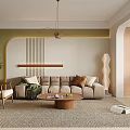 Modern Living Room Interior With Green Walls Curved Design Beige Sofa And Wooden Coffee Table