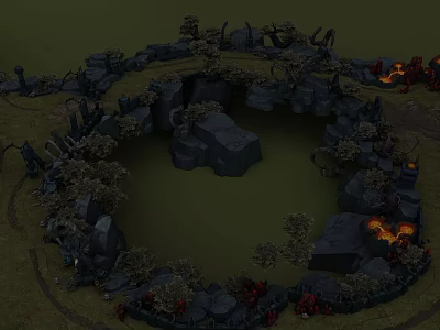 Tech Exhibition Hall Showcasing Circular Rock Structure Surrounded By Trees And Flames 3d model