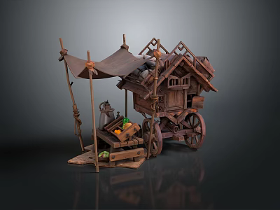 Vintage Wooden Cart Stall With Canopy Roof Wheels And Fresh Fruits 3d model