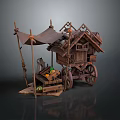 Vintage Wooden Cart Stall With Canopy Roof Wheels And Fresh Fruits