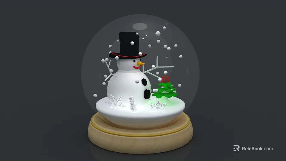 Snow Globe Decorative Ornament Set with Snowman Black Hat Red Nose Christmas Tree Wooden Base 3d model 