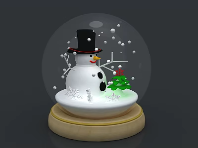 Snow Globe Decorative Ornament Set with Snowman Black Hat Red Nose Christmas Tree Wooden Base 3d model