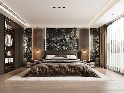 Modern Luxury Bedroom Interior Design With Marble Feature Wall Bedside Lamps And Wardrobe 3d model