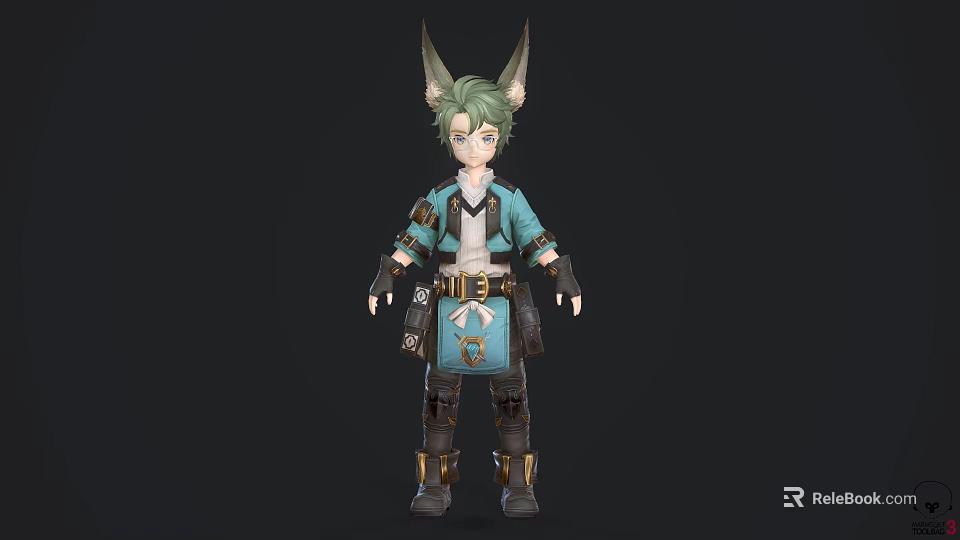 Anime Style Game and Movie Character with Green Hair Horned Ears Blue Outfit Brown Boots 3d model 
