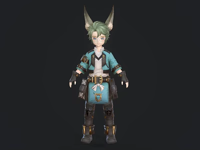 Anime Style Game and Movie Character with Green Hair Horned Ears Blue Outfit Brown Boots 3d model