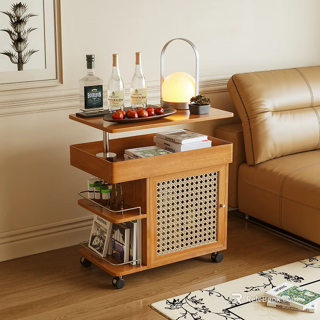 Wooden Wheeled Side Table With Rattan Panel And Storage Shelf For Living Room 3d model 