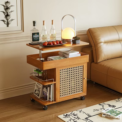 Wooden Wheeled Side Table With Rattan Panel And Storage Shelf For Living Room 3d model