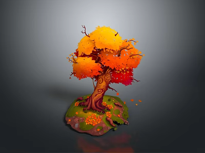 Autumn Tree with Vibrant Orange Yellow Leaves Textured Trunk and Green Grass 3d model