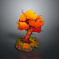 Autumn Tree with Vibrant Orange Yellow Leaves Textured Trunk and Green Grass