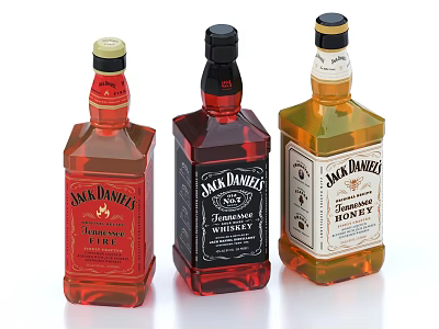 Jack Daniel's Tennessee Whiskey Bottles Fire Old No7 and Honey Varieties Displayed Together 3d model