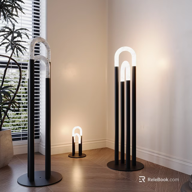Modern Floor Lamps with Circular LED Lights Black Metal Stands in Contemporary Living Room Interior 3d model 