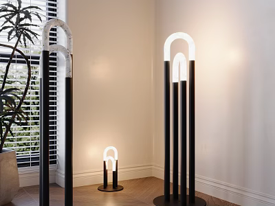 Modern Floor Lamps with Circular LED Lights Black Metal Stands in Contemporary Living Room Interior 3d model