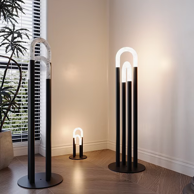 Modern Floor Lamps with Circular LED Lights Black Metal Stands in Contemporary Living Room Interior 3d model
