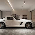 Modern Garage Interior Design With White Sports Car Bicycle Gray Floor And Recessed Lighting