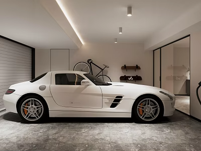 Modern Garage Interior Design With White Sports Car Bicycle Gray Floor And Recessed Lighting 3d model