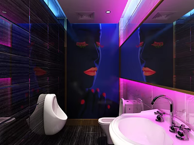 Modern Hotel Bathroom Interior With Neon Lighting Art Wall And White Fixtures 3d model