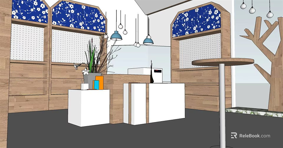 Modern Interior Design With Blue Floral Walls Wooden Structures White Counter Hanging Lamps Green Plants 3d model 